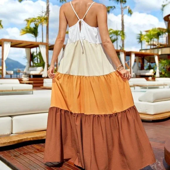 Multicolor Casual Womens Colorblock Ruffle Hem Cami Dress - Picture 2 of 5